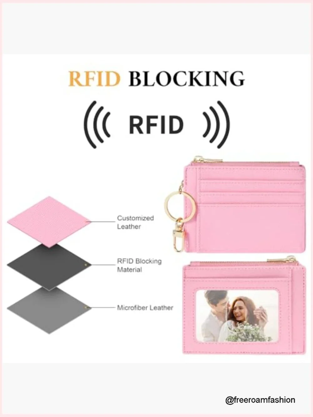 Slim Card Case Wallet for Women with Keychain - 6 Card Slots, ID Window, Zipper